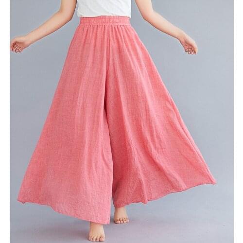 LIBERJOG Women Cotton Linen Pants Casual Loose Wide Leg Elastic Waist Pants Culottes Trousers Solid Color Female Spring Summer