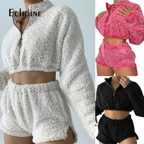Echoine Women Winter Soft Fluffy Fleece Tracksuits Set Solid Zip Crop Top & Shorts Two Pieces Set Fashion Party Clothing Outfit
