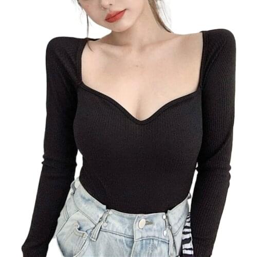 2021 Square Neck Long Sleeve Crop Top Women Autumn Spring White Black Sexy Solid Party Tee Casual Ladies T Shirt Basic Tee