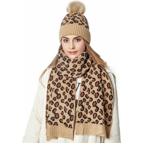 Women Winter Vintage Leopard Knitted Pompom Cuff Beanie Hat and Scarf Shawl Set