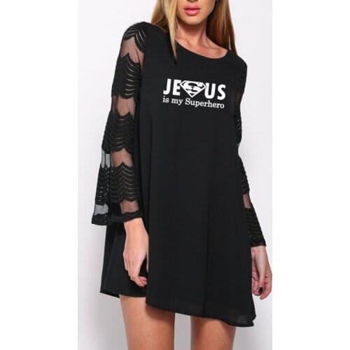 Jesus Is My Superhero Print Mesh Lace Dress Female Harajuku Long Sleeve Sexy irregular Dress Women Femme Cute Christmas Gift