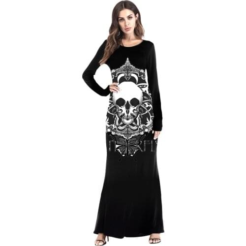 Halloween Punk Woman Dress Skull Head Printing Long Sleeve Dresses Plus Size Party Maxi Dress Ladies Fashion Clothing