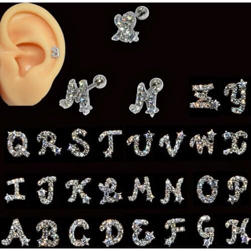 2pcs 20G Surgical Steel Barbell Cz 26 English Letters Ear Piercing Jewelry Lobe Tragus Rook Helix Cartilage Stud Earring