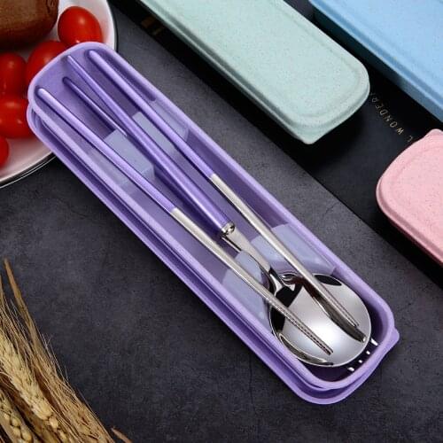 2pcs/ 3pcs Stainless steel colorful portable chopsticks spoon fork set cutlery three piece adult student cute chopsticks boxed