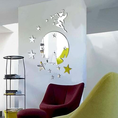 3D Fairy Blown Star Acrylic Mirror Wall Stickers Green Wall Home Decoration With Glue For Children 1 Set