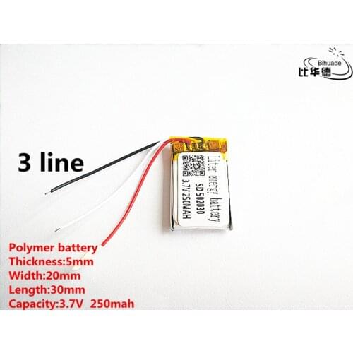 5pcs/lot 3 line Good Qulity 3.7V,250mAH,502030 Polymer lithium ion / Li-ion battery for TOY,POWER BANK,GPS,mp3,mp4