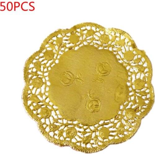 50Pcs/Set 3.5 Inch Hollow Floral Embossed Round Lace Paper Doilies Wedding Party DIY Tableware Metallic Gold Placemat Decoration