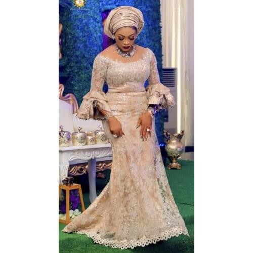 Aso Ebiy Style Mermaid Prom Party Dresses For Arabic Women Long Sleeves Lace Plus Size Formal Muslim Evening Occasion Gowns 2021