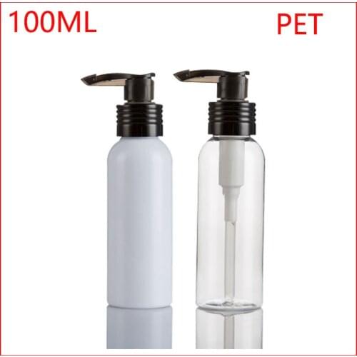 100ML white/clear flat shoulder PET empty plastic bottle w lotion pump makeup container cosmetic Refillable Bottles