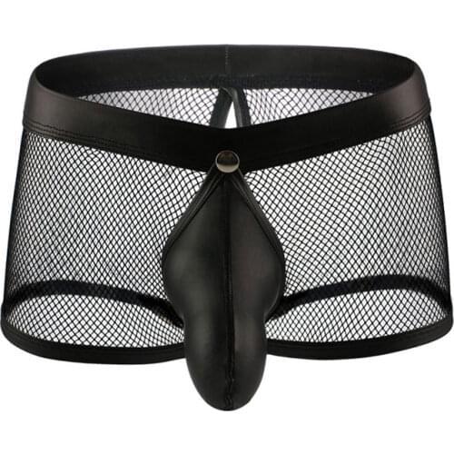 Sexy Men Faux Leather U Convex Pouch Boxers Mesh Sheer Open Crotch COCK Ring Breathable Underwear Gay Wear