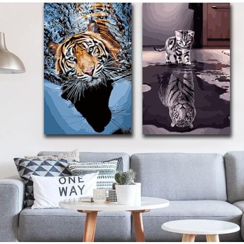 DIY colorings pictures by numbers with colors Tiger in the water Little leopard picture drawing painting framed Home