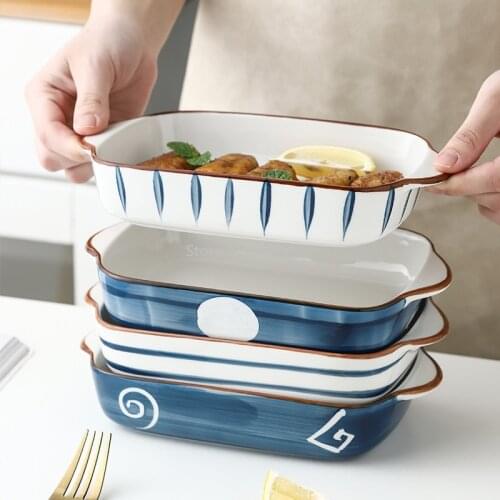 Hand-painted Underglaze Colored Oval Ceramic Binaural Baking Pan, High Temperature Baked Pan, Rectangular Cheese Home Cake Pan