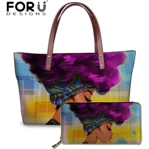 FORUDESIGNS 2pcs/set Women Handbags Black Art African Girl Printing Hand Bag&Wallets Ladies Ethnic Top-Handle Bags Females Bolsa