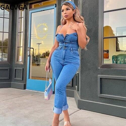 GACVGA Sexy Bodycon Denim Jumpsuit 2021 Women Plus Size Casual Summer Button Rompers High Waist Office Ladies Jumpsuits Overalls