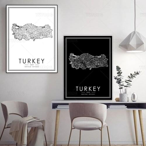 TURKEY Black White World City Map Poster print Nordic Living Room Wall Art Pictures Home Decor Canvas Painting framed