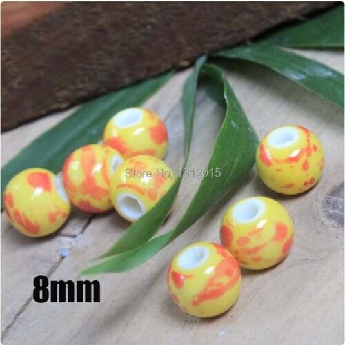 On sale Chinoiserie 8/10/12mm 50pcs Yellow Porcelain Ceramic round Beads,Red Spotted pattern Spacer beads Free shipping YS0007
