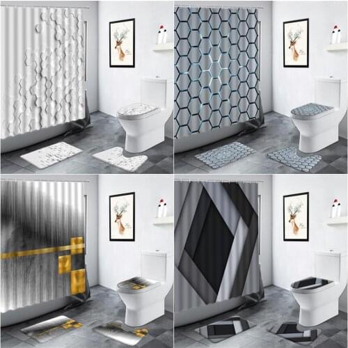 Creative Black Gray Geometric Pattern Shower Curtain Fashion Nordic Decor Curtains Non-slip Rug Toilet Bath Mats Bathroom Sets