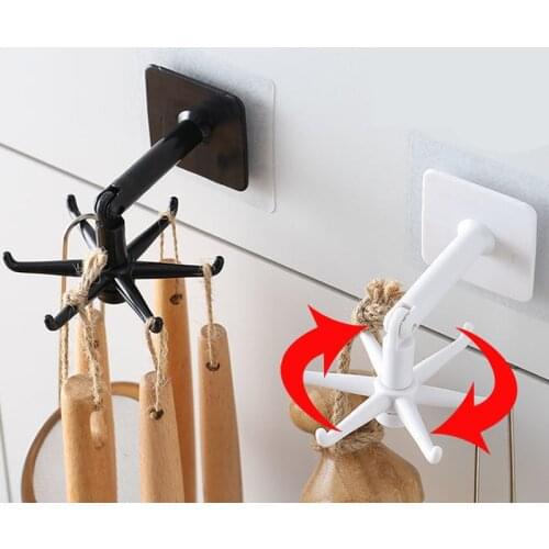 Multifunctional 360-degree Rotatable Hook ABS Punch-free 6 Hooks Bag Hanger Hanging Rack Kitchen Home Storage Tools