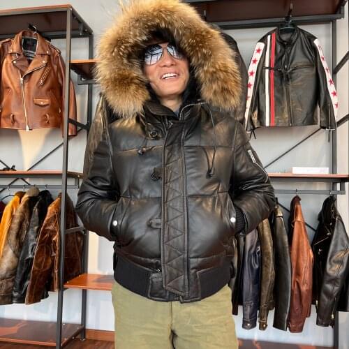 CDN2B Cidu Big Size Super Warm Mens Genuine Italian Sheep Leather Coat Real Fur Collar 480G 90% Goose Feather Down Jacket