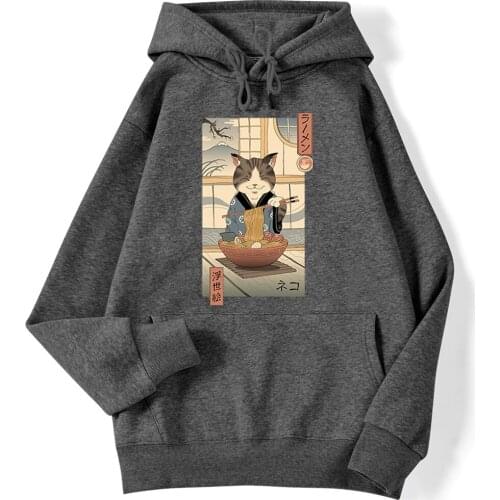 Neko Ramen Ukiyo E Funny Print Streetwear Men Loose Harajuku Hoodies Daily Casual Hooded Tops Autumn Hip Hop Male Sweatshirt