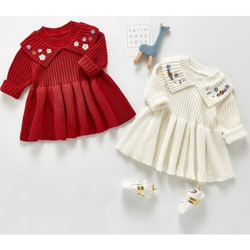 2021 New Spring Autumn Kids Dresses For Girls Princess Dresses Kids Girl Dress Long Sleeve Knitting Embroider Dress 0-3Yrs