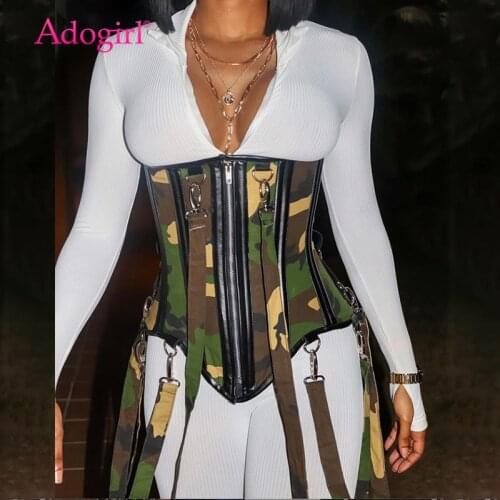 Adogirl 2021 Spring New Zipper Camo Waistband Jumpsuit Lucky Label Embroidery Solid Jumpsuit Waist Shape Belt Corset Romper