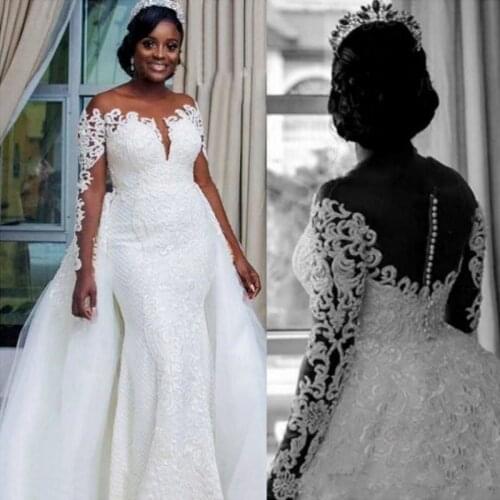 Plus Size Mermaid Wedding Dresses with Detachable Train 2021 Modest African Full Lace Applique Long Sleeve Church Wedding Gown