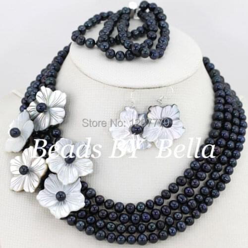 Gorgeous 4 Rows Pearl Beads Jewelry Set 7 Flowers Wedding Jewelry Set African Custom Jewelry Set Free Shipping ABS069