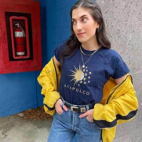Vintage Sun Planet Embroidery Dark Blue Graphic Tee Women Tshirt New O Neck Short Sleeve Casual Summer Aesthetic Woman Tshirts