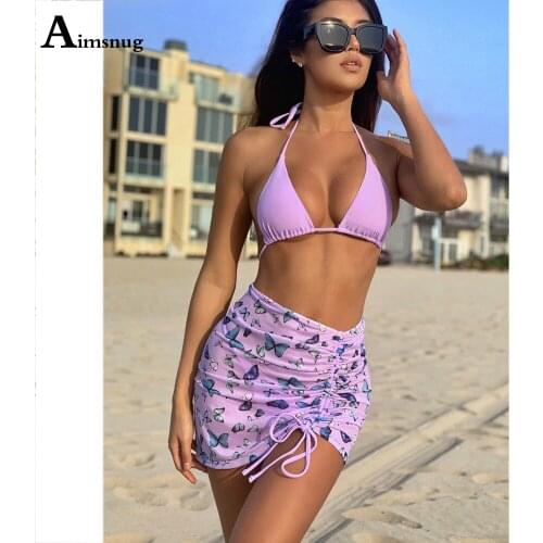 Women Butterflies Print Bathing Suits Sexy Push Up Three Pieces Set Beachwear Female Hawaii Swimsuit Lace-up Skirt Bikini Set