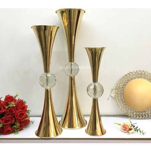 10pcs Gold Flower Vase Holders With Big Crystal Ball Wedding Table Centerpieces Flower Holder Candlesticks For Party Home Decor