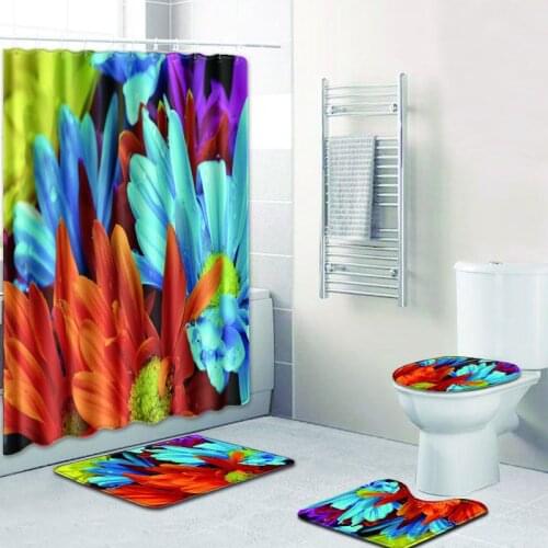 The 4 sets bathroom carpet and rug flowers Toilet seat cover bathroom curtain non-slip Colored flower carpet and shower curtain