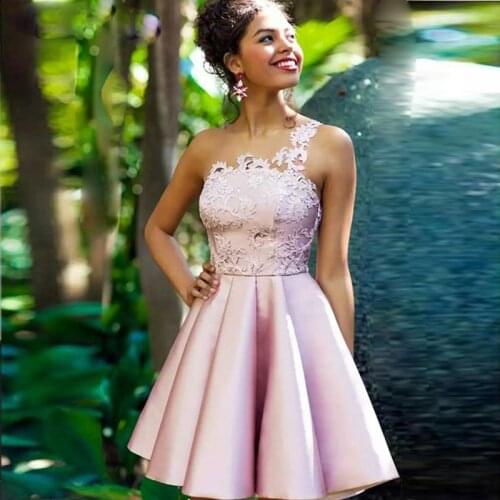 One Shoulder Homecoming Dresses Appliques Satin A-Line Cocktail Dress Pink Prom Party Gown For Graduation Vestidos De Fiesta