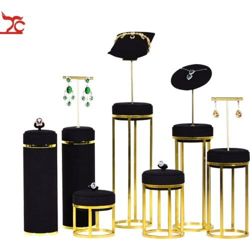 Promotion Gold Metal Jewelry Counter Showcase Bust Black Earring Necklace Diamond Ring Stud Jewelry Display Organizer Stand