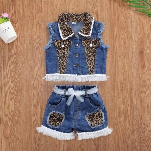 2021 Baby Summer Clothing Girls Denim 2Pcs Set Fashion Leopard Lapel Single-breasted Vest Top Elastic Waist Lacy Ripped Shorts