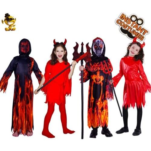 Kids Red Devil Costume Boys Scary Ghostly Flame Demon Robe Skeleton Halloween Costumes Kid Girl