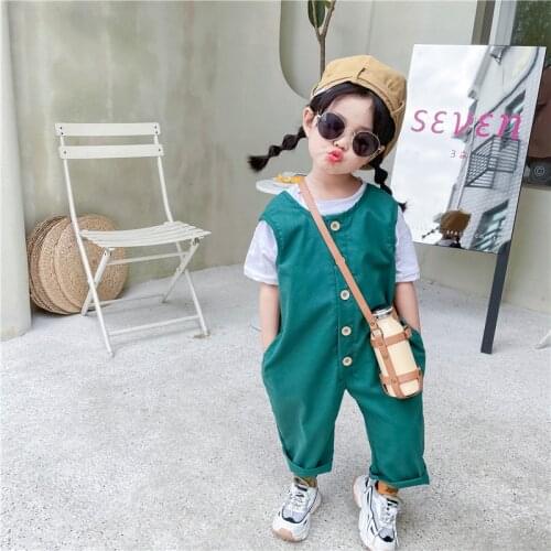 2021 New Lovely Solid Color Linen Sleeveless Girls and Boys Jumpsuits Summer Children Korean Jumpsuit