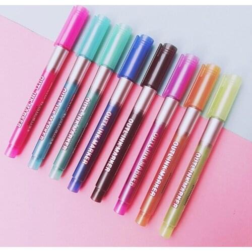 8 Colors Double Lines Fluorescent Art Marker Outline Pen Stationery Drawing Pens for Calligraphy Lettering Scrapbooking