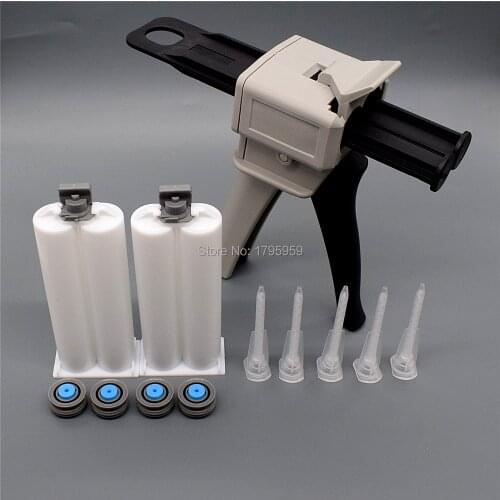Adhesive Gun Manual Caulking Gun Dispenser 50ml 1:1 AB Glue Gun with 5pc Static Mixing Nozzle 2 Set 50ml Empty Dual Cartridge