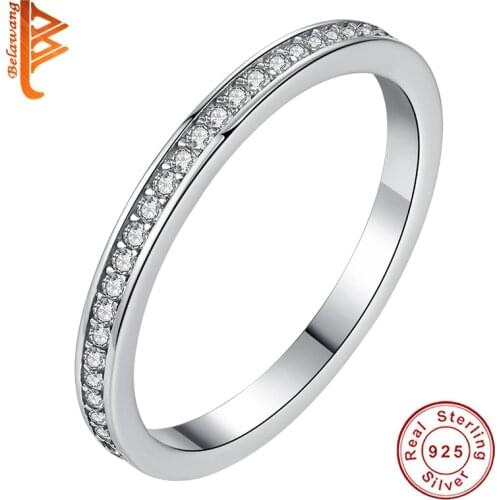 BELAWANG Genuine 100% 925 Sterling Silver Clear CZ Crystal Round Pave Finger Rings Engagement Wedding Luxury Jewelry Gift