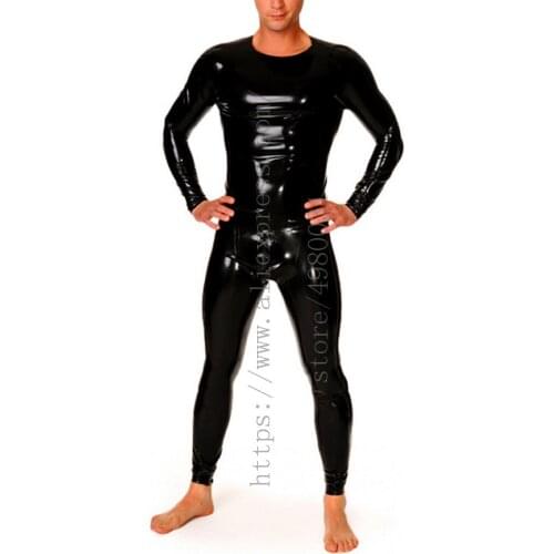 Cool mens latex suits includes long sleeve slim t-shirt and leggings with crotch zipper what is made of 0.4mm natural latex