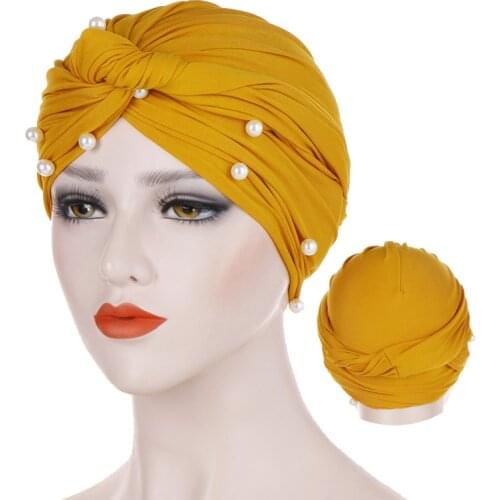 Trendy muslim cotton hijab caps solid color pearl wrap turban bonnet arab headdress Inner hijab cap Islamic head cover for women