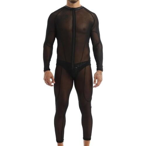 MSemis Mens Male See Through Sheer Mesh Lingerie Clubwear Bodysuit Bodystocking Faux Leather Gay Jockstraps Pouch Thongs Briefs