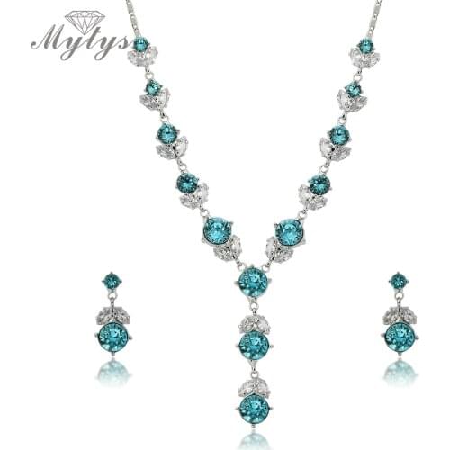 Mytys Aquamarine Crystal Chain Pendant Necklace Drop Earrings Jewelry Sets For Women CN571