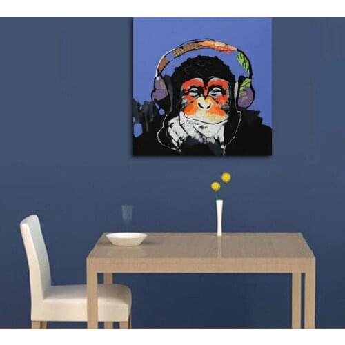Wall Art on Canvas Oil Painting Monkey with Headphone Modern Hand Painted for Kids Room Home Wall Decor Handmade Gifts