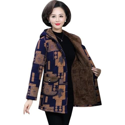 Middle-aged and Elderly Women Coat Winter Jackets Mid-Long Single-breasted Hooded Plus Velvet Thick Keep Warm Jacket Size 5XL
