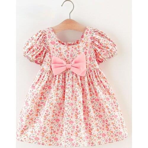 Girls' Dress 2021 Summer New Kids Dresses for Girl Bow Short Sleeve Sweet Flower Girl Dresses Boho Birthday Princess Dress 0-6Y