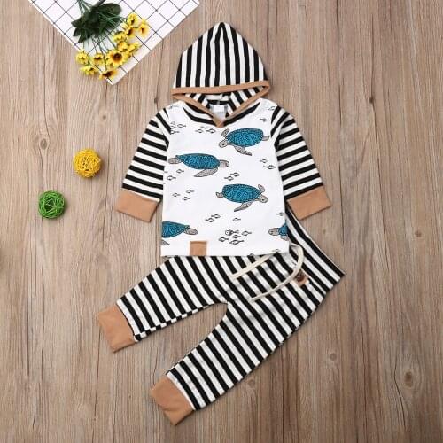 Pudcoco Newborn Baby Boy Girl Clothes Tortoise Print Striped Hooded Tops Long Pants 2Pcs Outfits Autumn Cotton Clothes