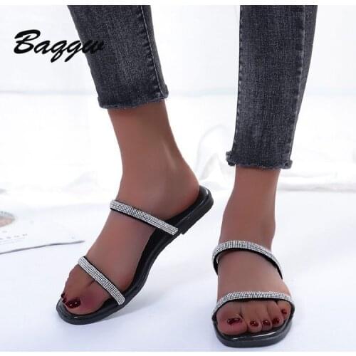Women Fashion Slippers Solid Color PU Classic Rhinestone Decoration Open-toed Flat-heel Elegant Comfortable Sandals Plus Size