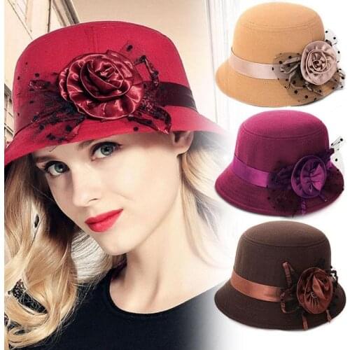Fedora Hat Women Bucket Cap Vintage Imitation Woolen Flower Bowler Hats Wide Brim Elegant Autumn Winter Warm Soft Fedora Hat